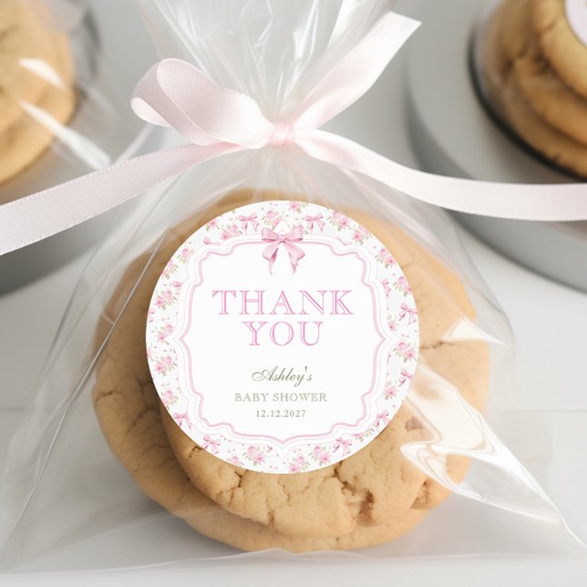 Pink Bow Girl Babydusche Danke Runder Aufkleber (Von Creator hochgeladen)