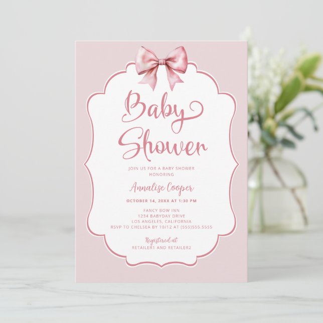 Pink Bow Girl Babydusche Einladung (Stehend Vorderseite)