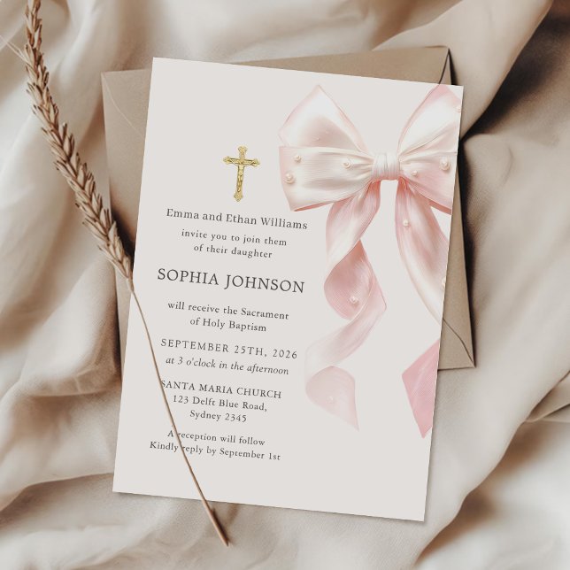 Pink Bow Girl Baptism Invitation Einladung (Von Creator hochgeladen)