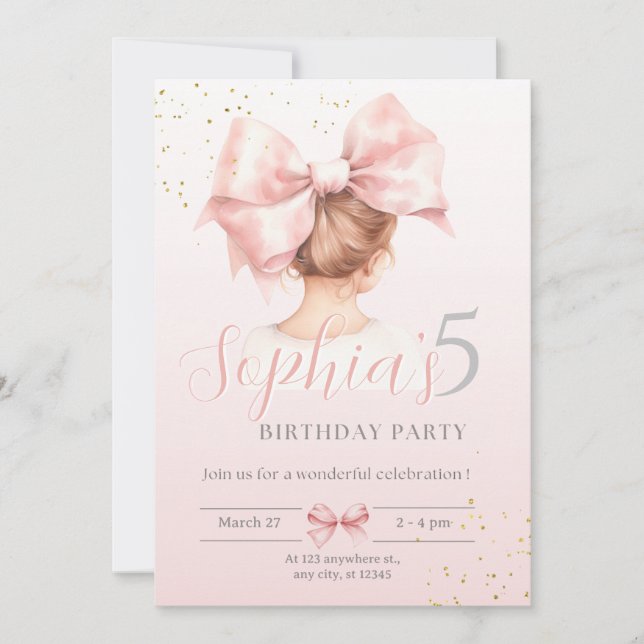 Pink Bow Girl Birthday Einladung Preppy Watercolo (Vorderseite)
