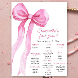 Pink Bow Girl Erster Geburtstag Meilenstein Geburt Poster