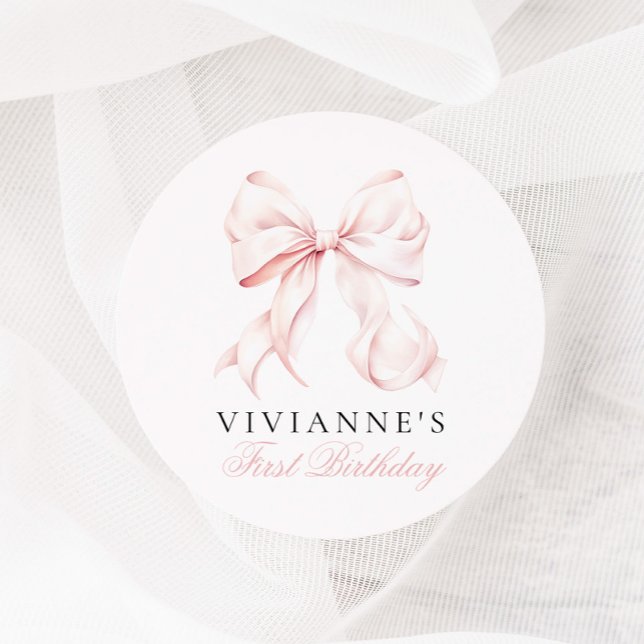Pink Bow Girl Erster Geburtstag Runder Aufkleber (Von Creator hochgeladen)