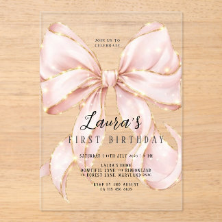 Pink Bow Girl First Birthday Acryleinladungen