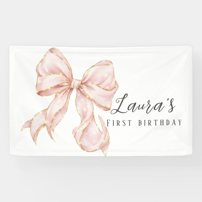 Pink Bow Girl First Birthday  Banner (Horizontal)