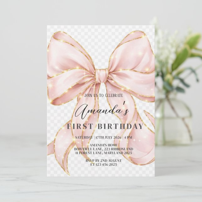 Pink Bow Girl First Birthday  Einladung (Stehend Vorderseite)