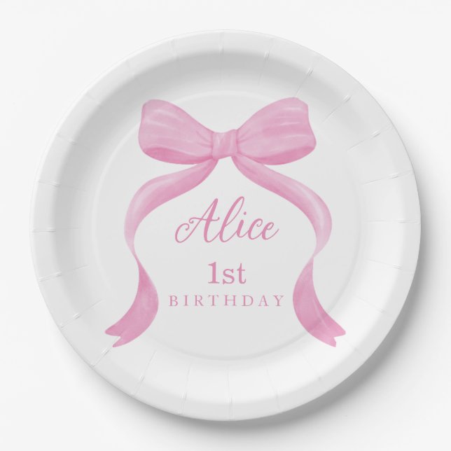 Pink Bow Girl First Birthday Pappteller (Vorderseite)