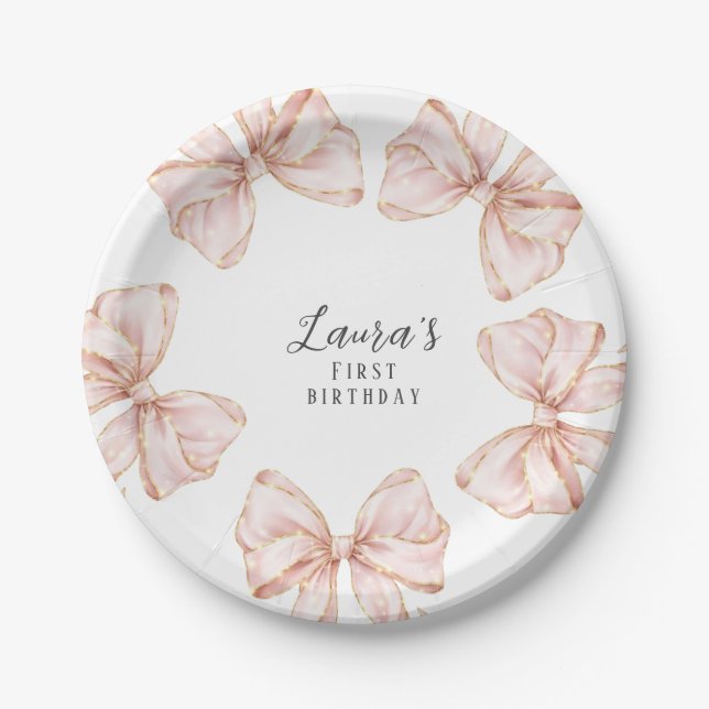 Pink Bow Girl First Birthday Party  Pappteller (Vorderseite)