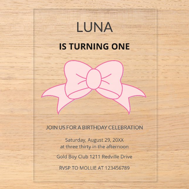 Pink Bow Girl Kids 1st Birthday  Acryleinladungen (Vorderseite)