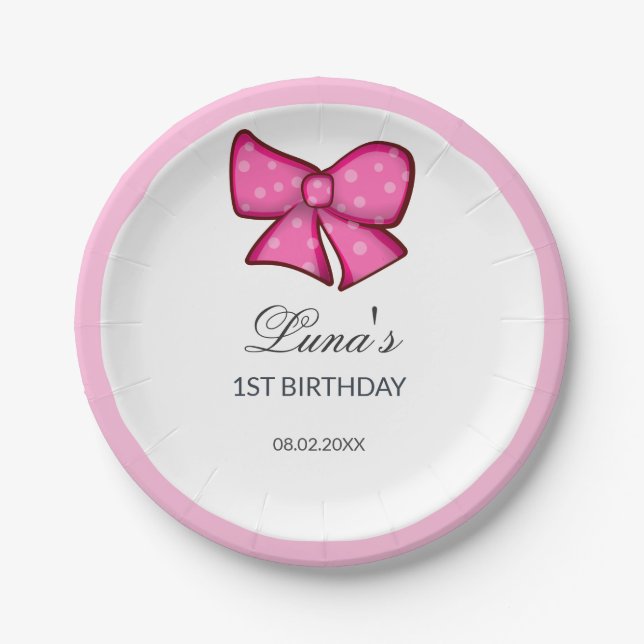 Pink Bow Girl Kids 1st Birthday  Pappteller (Vorderseite)