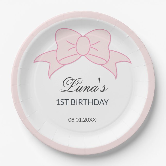 Pink Bow Girl Kids 1st Birthday  Pappteller (Vorderseite)
