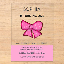 Pink Bow Girl Kids First Birthday Acryleinladungen