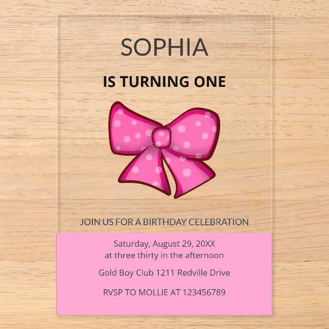 Pink Bow Girl Kids First Birthday  Acryleinladungen (Vorderseite)