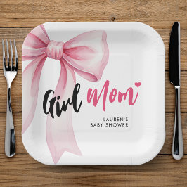 Pink Bow Girl Mom Ribbon Cute Baby Shower Pappteller