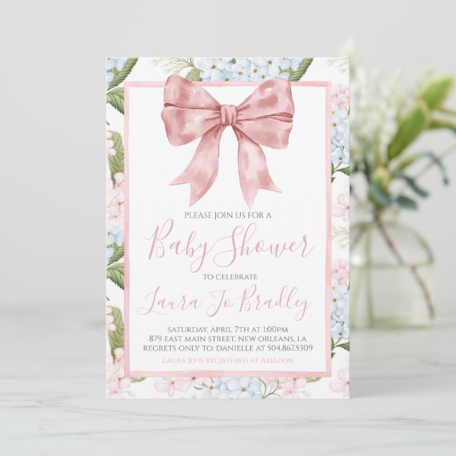 Pink Bow Girl Preppy Southern Baby Dusche Einladung (Stehend Vorderseite)