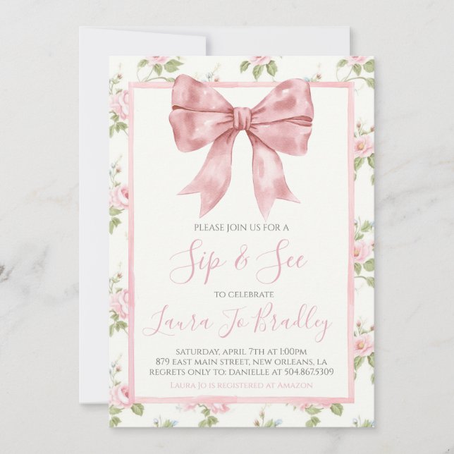 Pink Bow Girl Preppy Southern Sip & See Einladung (Vorderseite)