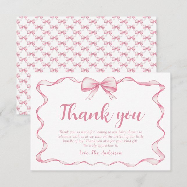 Pink Bow Girl Ribbon Babydusche Danke Karte (Vorne/Hinten)