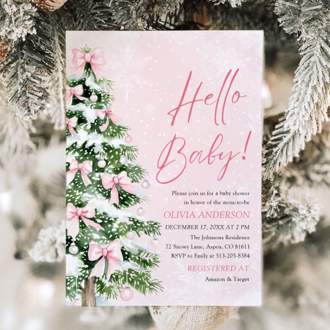 Pink Bow Girl Weihnachten Hallo Baby Dusche Einladung (Pink Bow Girl Christmas Hello Baby Baby Shower Invitation)