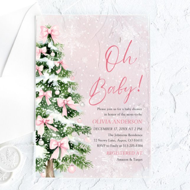 Pink Bow Girl Weihnachtsbaum Oh Baby Dusche Acryleinladungen (Pink Bow Girl Christmas Tree Oh Baby Baby Shower Acrylic Invitation)