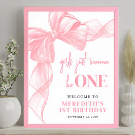 Pink Bow Girls 1st Birthday Welcome Sign Poster