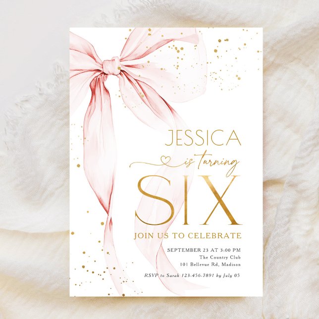 Pink Bow Girls 6th Birthday  Einladung (Von Creator hochgeladen)