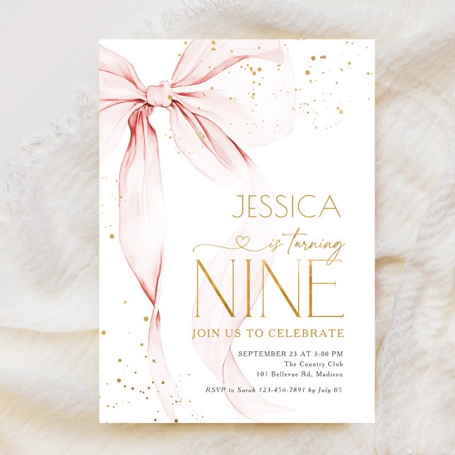 Pink Bow Girls 9th Birthday  Einladung (Von Creator hochgeladen)