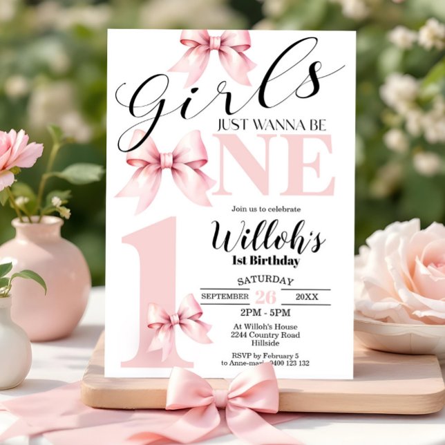 Pink Bow Girls veut juste être un Invitation d'ann (Girls just wanna be ONE 1st Birthday Girl Invitation. Pink Bow on Trend Coquette themed invitation)