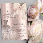 Pink Bow Glitter Dress Rose Gold Sweet 16  Einladung<br><div class="desc">Elegant dress,  pink bow,  and glitter bokeh on a rose gold background.</div>