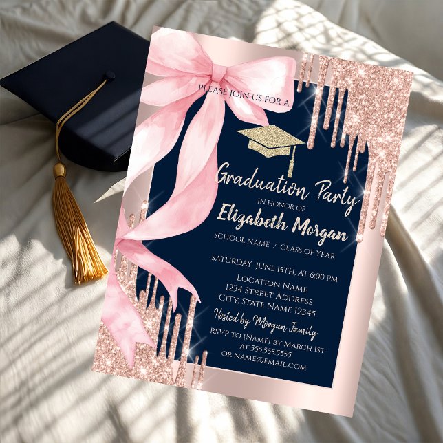 Pink Bow Glitter Grad Cap,Drips Navy Blue   Einladung (Von Creator hochgeladen)