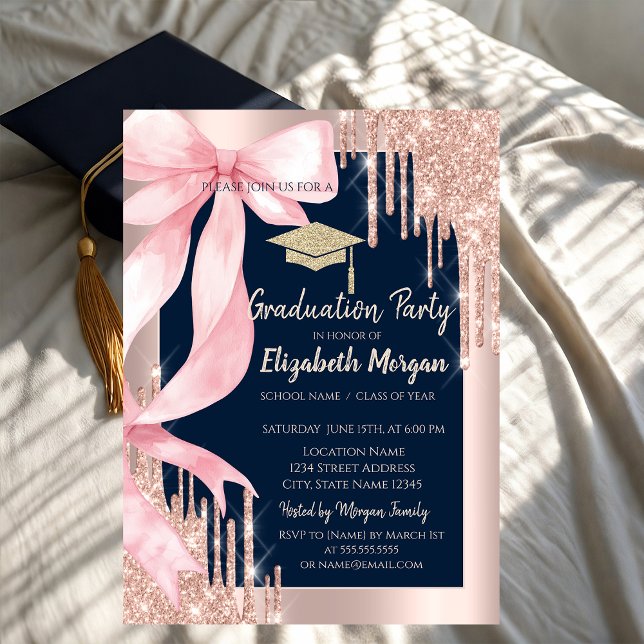 Pink Bow Glitter Grad Cap,Drips Photo Navy Blue   Einladung (Von Creator hochgeladen)