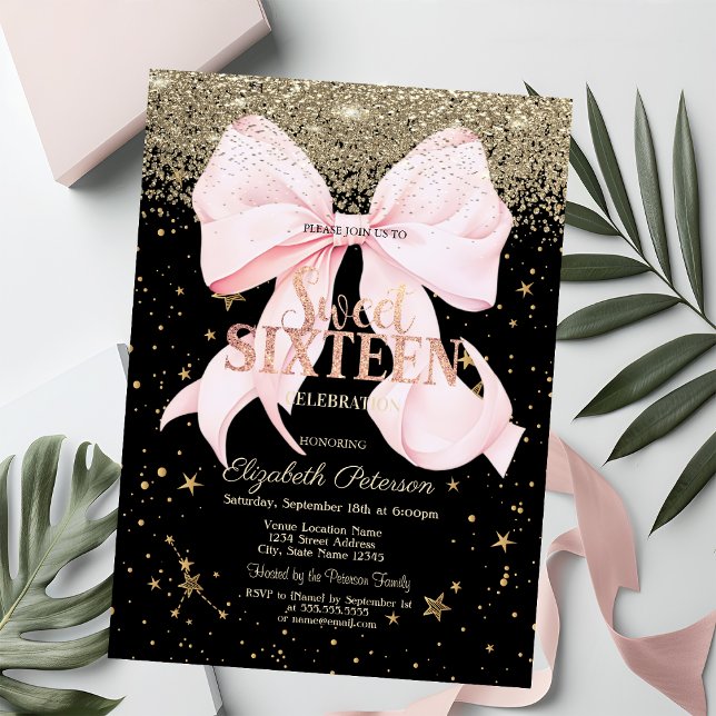 Pink Bow Gold Diamonds Stars Black Sweet 16 Einladung (Von Creator hochgeladen)