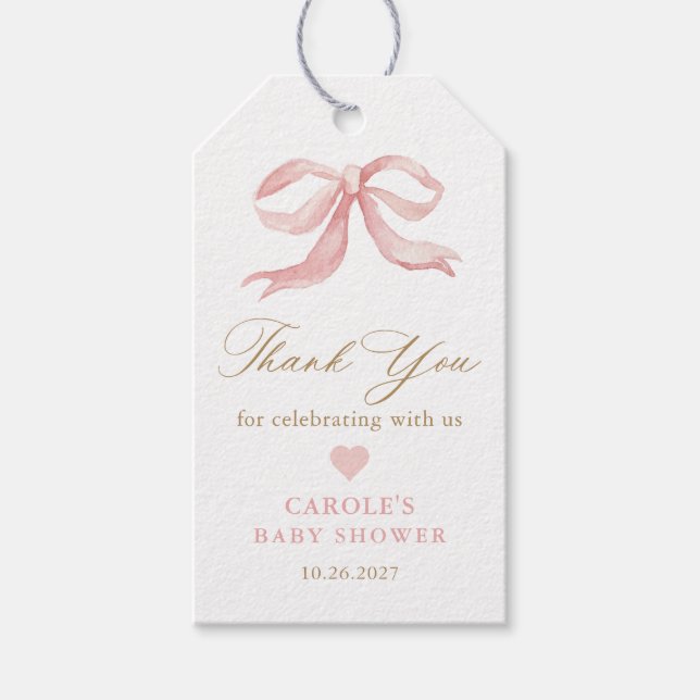 Pink Bow Gold Girl Baby Dusche Gefallen Geschenkanhänger (Vorderseite)