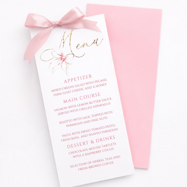 Pink Bow Gold Typography Elegant Party Menu Menükarte (Pink Bow Menu Cards)