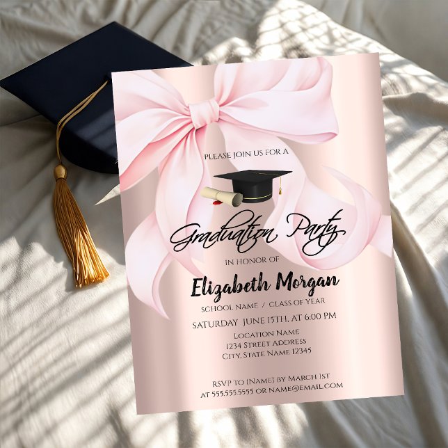 Pink Bow Grad Cap Rose Gold Your Photo Graduation Einladung (Von Creator hochgeladen)