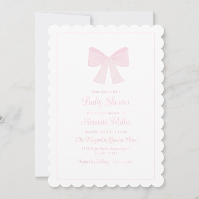 Pink Bow Grandmillennial Preppy Baby Dusche Einladung (Vorderseite)