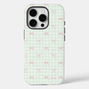Pink Bow Green Gingham Personalisiert Name iPhone 16 Pro Hülle