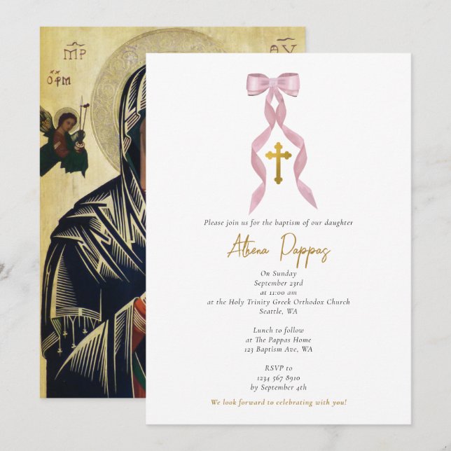 Pink Bow Griechisch-Orthodoxe Christening Girl Tau Einladung (Vorne/Hinten)