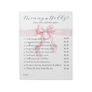 Pink Bow Gril Babyparty-Spiel: Mama oder Papa Notizblock