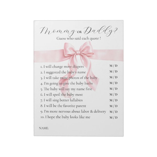Pink Bow Gril Babyparty-Spiel: Mama oder Papa Notizblock (Rotiert)