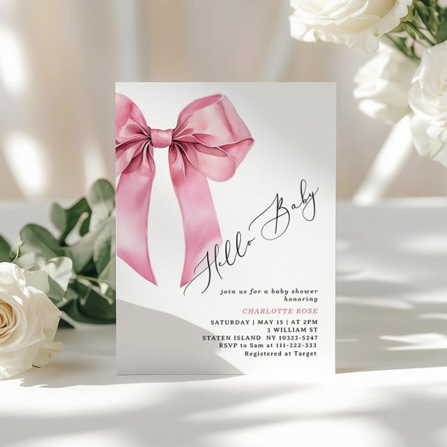Pink Bow Hallo Baby Girl Baby Dusche Einladung (Von Creator hochgeladen)