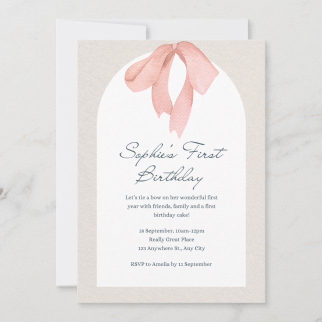 Pink Bow Happy Birthday Einladung (Vorderseite)