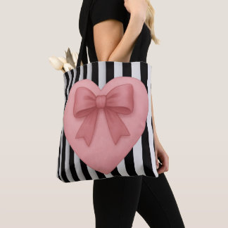 Pink bow heart black&white stripes Tote Bag Tasche