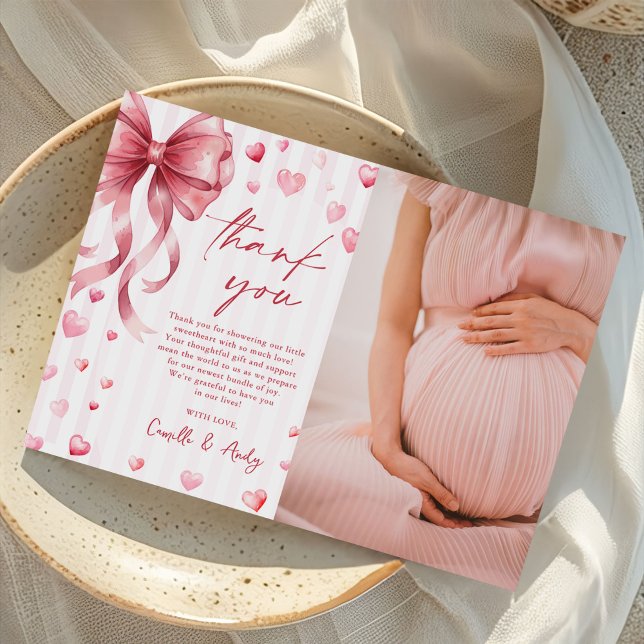 Pink Bow Hearts Valentines Baby Shower Photo Dankeskarte (Von Creator hochgeladen)
