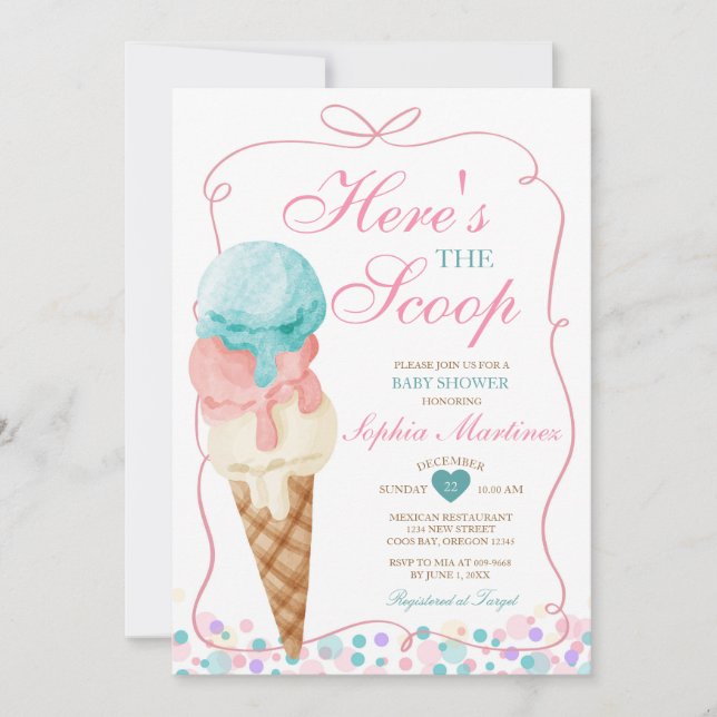 Pink Bow Hier ist die Scoop Ice Cream Baby Dusche Einladung (Vorderseite)