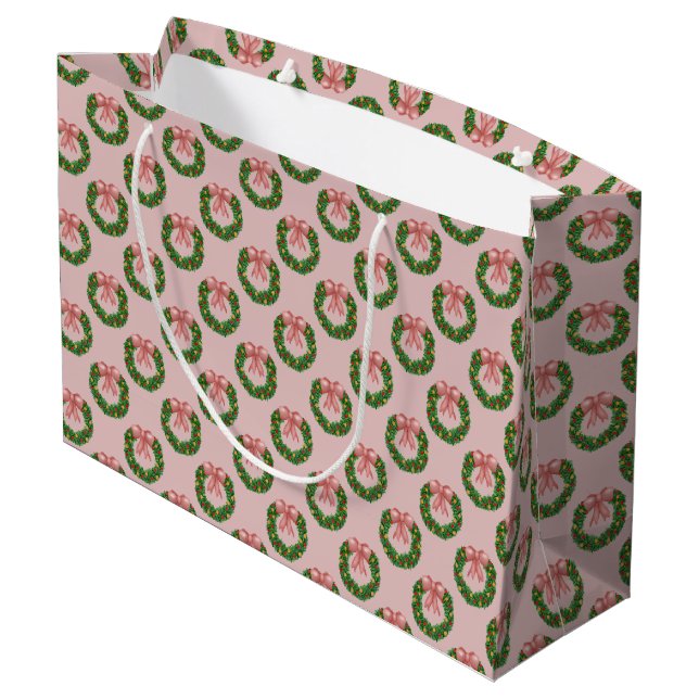 Pink Bow Holiday Wreath Große Geschenktüte (Rückseite Schrägansicht)