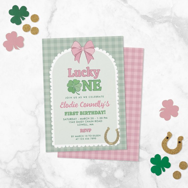 Pink Bow Horseshoe Clover Lucky One Birthday Einladung (Von Creator hochgeladen)