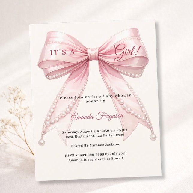 Pink bow ivory it's a girl Baby Shower invitation (Von Creator hochgeladen)