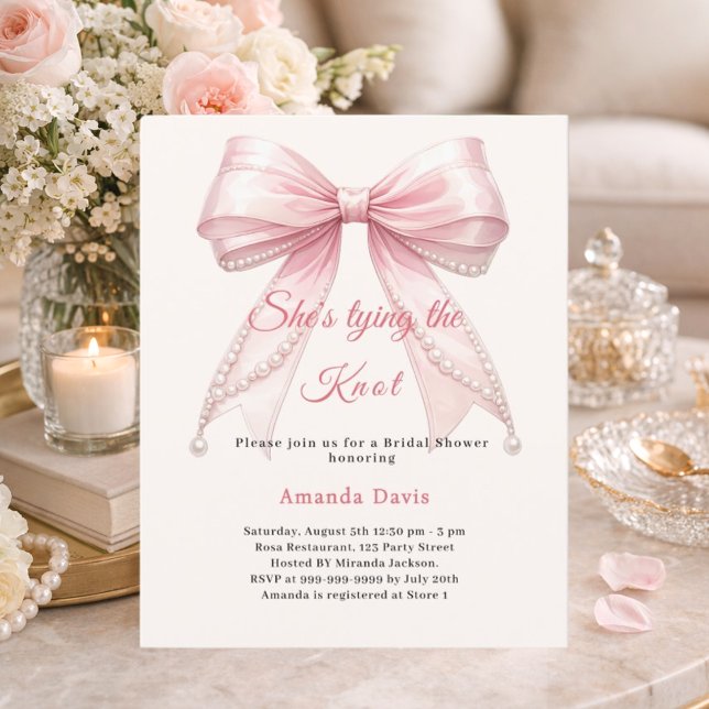 Pink bow ivory pearl knot Bridal Shower invitation (Von Creator hochgeladen)