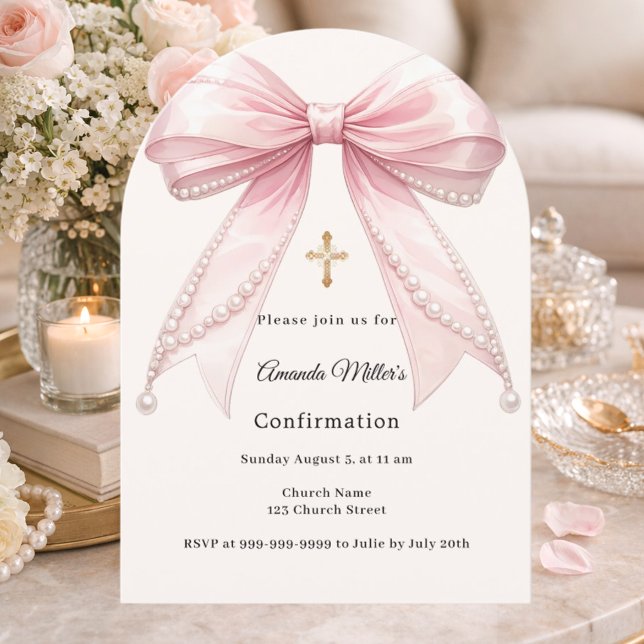 Pink bow ivory pearls girl Confirmation arch Einladung (Von Creator hochgeladen)