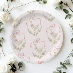 Pink Bow Kleine Gänse Blumendusche Wappen Babydusc Pappteller