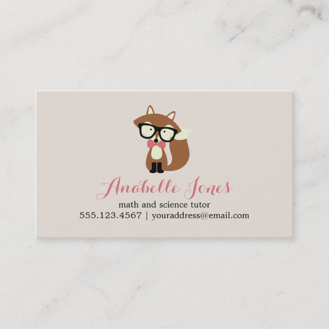 Pink Bow Krawatte und Brille Hipster Brown Fox Visitenkarte (Vorderseite)